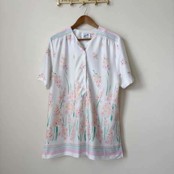 Vera Neumann Vintage Top Tunic Large White Floral Short Sleeve - Picture 1 of 8